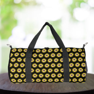 Yellow African Daisy Floral Pattern on Black Duffle Bag