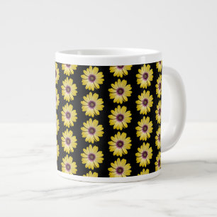 Yellow African Daisy Floral Pattern on Black Large Coffee Mug