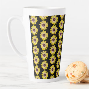 Yellow African Daisy Floral Pattern on Black Latte Mug