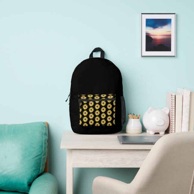 Yellow African Daisy Floral Pattern on Black Printed Backpack (Insitu)