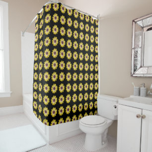 Yellow African Daisy Floral Pattern on Black Shower Curtain