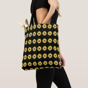 Yellow African Daisy Floral Pattern on Black Tote Bag