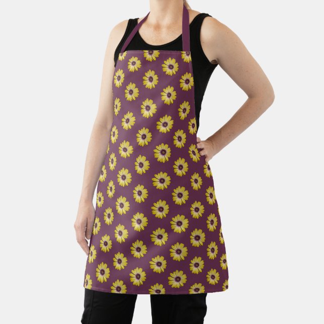 Yellow African Daisy Floral Pattern on Purple Apron (Insitu)