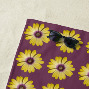 Yellow African Daisy Floral Pattern on Purple Beach Towel