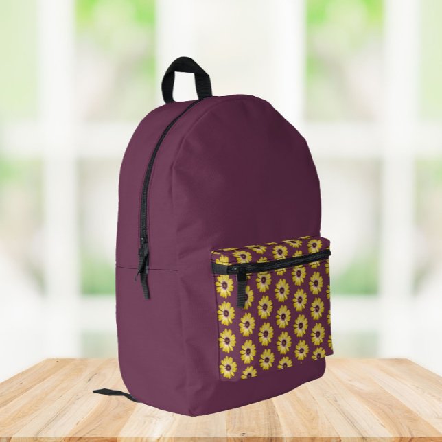 Yellow African Daisy Floral Pattern on Purple Printed Backpack (In Situ)