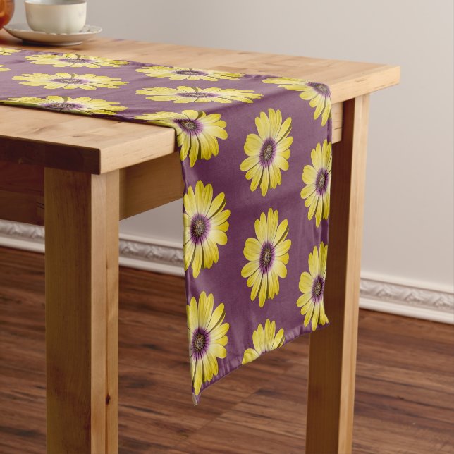 Yellow African Daisy Floral Pattern on Purple Short Table Runner (In Situ)