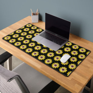 Yellow African Daisy on Black Floral Pattern Desk Mat