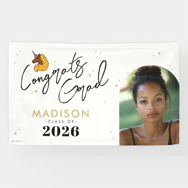 Yellow Afro Unicorn Graduation Banner (Horizontal)