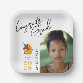 Yellow Afro Unicorn Graduation Paper Plate