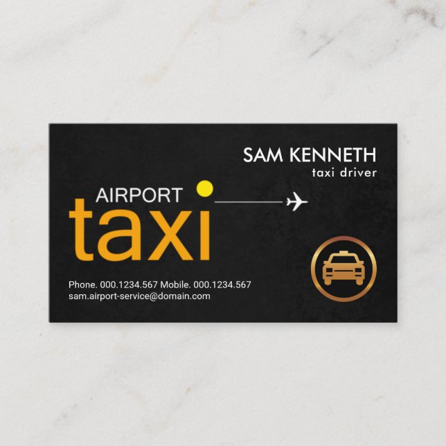 Yellow Airport Taxi Signage Black Grunge Driver Business Card (Front)