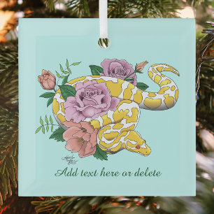 Yellow Albino Ball Python Teal Roses Glass Tree Decoration