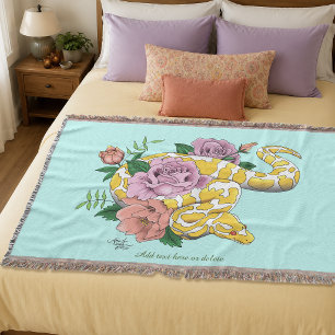 Yellow Albino Ball Python Teal Roses Throw Blanket