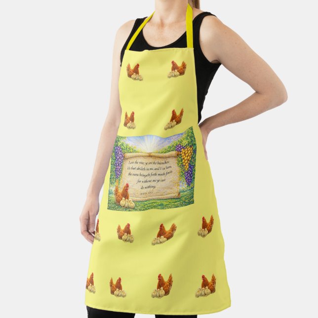 Yellow All-Over Apron with Chickens & Bible Verse (Insitu)