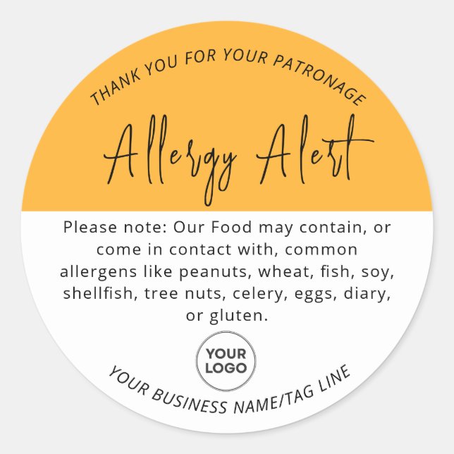 Yellow Allergy Food Warning Alert Round Sticker (Front)