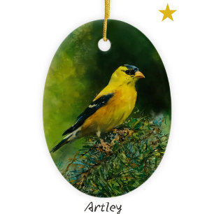 Yellow American Goldfinch Bird Painting Year Ceramic Tree Decoration