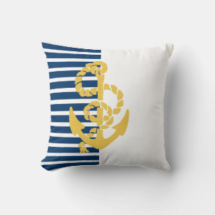 Yellow Anchor Blue And White Striped Background Cushion