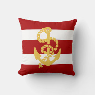 Yellow Anchor Red And White Striped Background Cushion