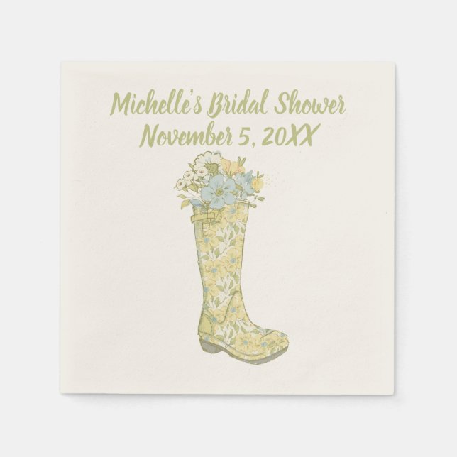 Yellow and Aqua Blue Floral Rain Boot Shower Napkin (Front)