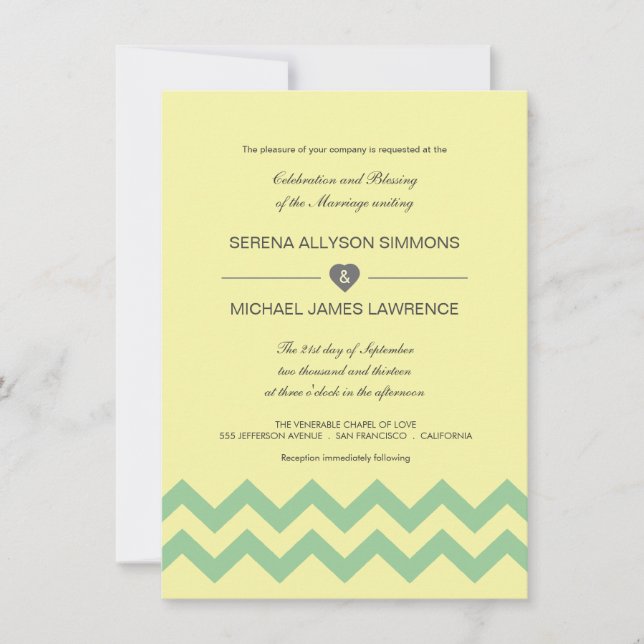 Yellow and Aqua Chevron Wedding Invitations (Front)