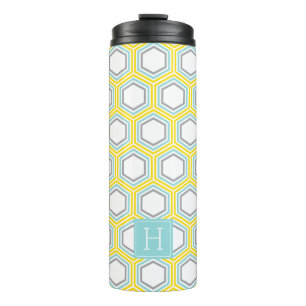 Yellow and Aqua Geometric Pattern and Monogram Thermal Tumbler
