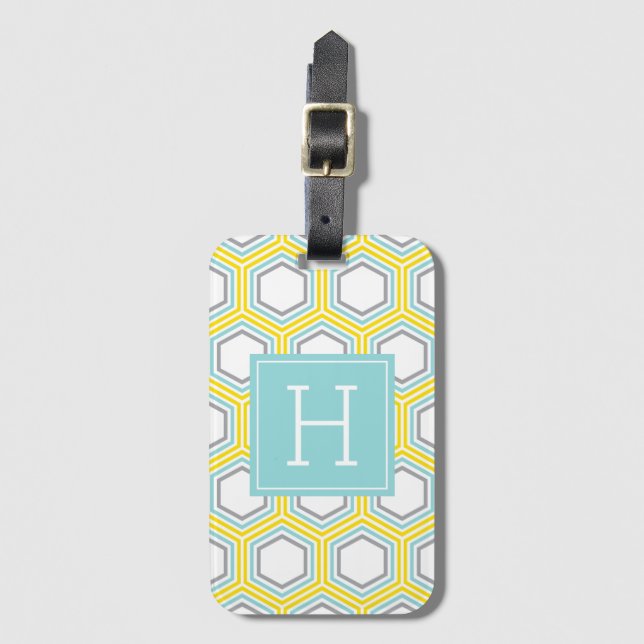 Yellow and Aqua Honeycomb Pattern Monogrammed Luggage Tag (Front Vertical)