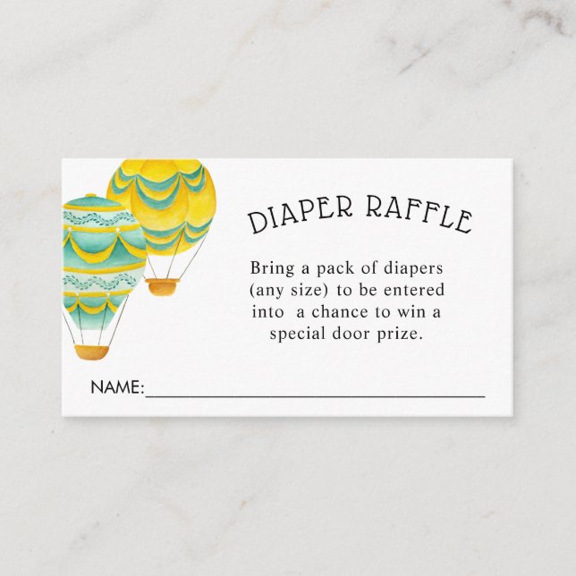 Yellow and Aqua Hot Air Balloons Diaper Raffle Enclosure Card (Front)