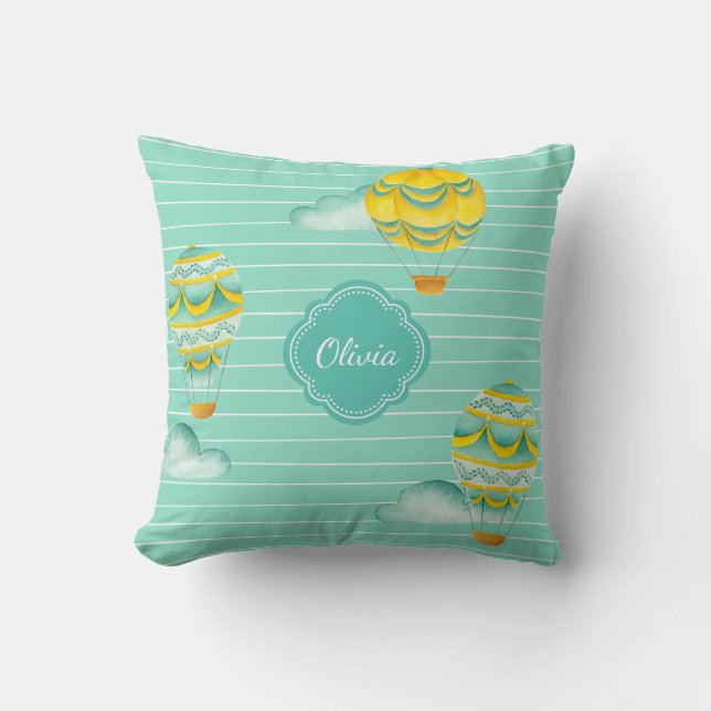 Yellow and Aqua Hot Air Balloons with Child's Name Cushion (Front)