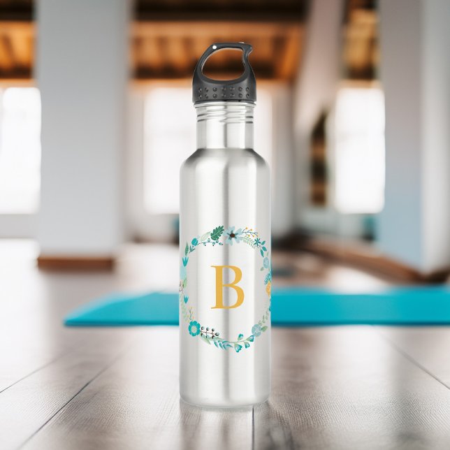Yellow and Aqua Monogram Floral Wreath 710 Ml Water Bottle (Creator Uploaded)