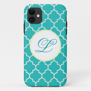 Yellow and Aqua Monogram Quatrefoil iPhone 11 Case