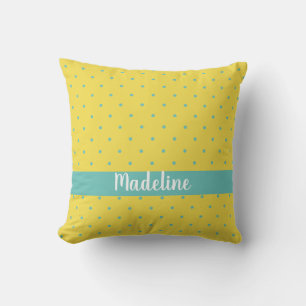 Yellow and Aqua Polka Dots Custom Name Cushion