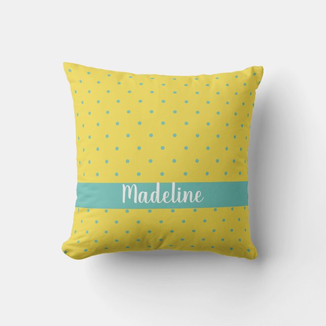 Yellow and Aqua Polka Dots Custom Name Cushion (Front)