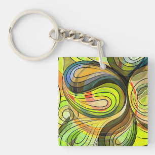 Yellow and Autumn Brown Doodle With Black Lines Key Ring