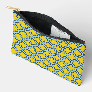 Yellow and Baby Blue Trellis, Lattice, Quatrefoil Accessory Pouch