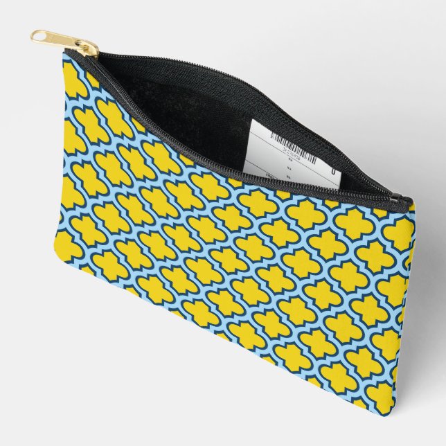 Yellow and Baby Blue Trellis, Lattice, Quatrefoil Accessory Pouch (Open)