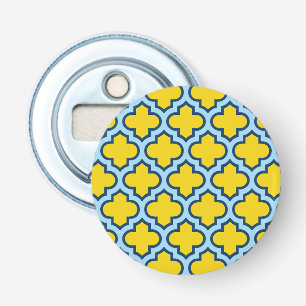 Yellow and Baby Blue Trellis, Lattice, Quatrefoil Bottle Opener