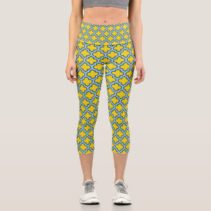 Yellow and Baby Blue Trellis, Lattice, Quatrefoil Capri Leggings