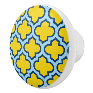 Yellow and Baby Blue Trellis, Lattice, Quatrefoil Ceramic Knob