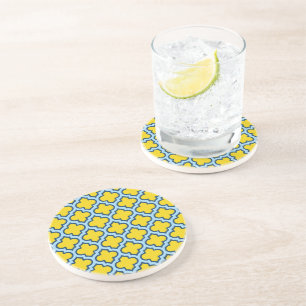 Yellow and Baby Blue Trellis, Lattice, Quatrefoil Coaster