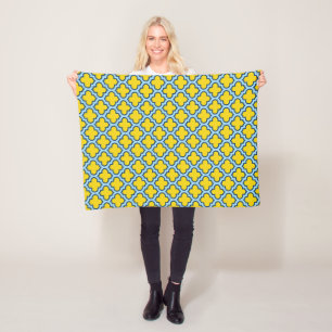 Yellow and Baby Blue Trellis, Lattice, Quatrefoil Fleece Blanket