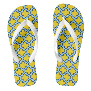 Yellow and Baby Blue Trellis, Lattice, Quatrefoil Flip Flops