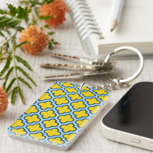 Yellow and Baby Blue Trellis, Lattice, Quatrefoil Key Ring