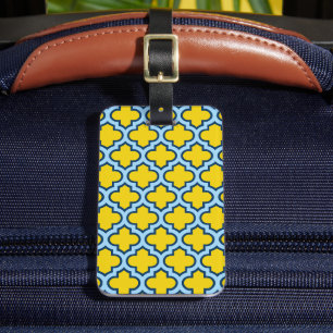 Yellow and Baby Blue Trellis, Lattice, Quatrefoil Luggage Tag