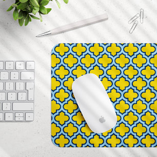 Yellow and Baby Blue Trellis, Lattice, Quatrefoil Mouse Mat
