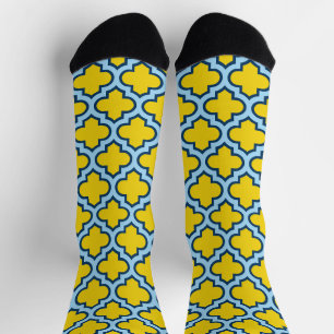 Yellow and Baby Blue Trellis, Lattice, Quatrefoil Socks