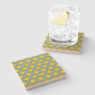 Yellow and Baby Blue Trellis, Lattice, Quatrefoil Stone Coaster