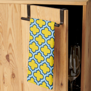 Yellow and Baby Blue Trellis, Lattice, Quatrefoil Tea Towel