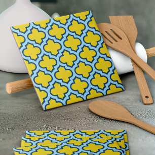 Yellow and Baby Blue Trellis, Lattice, Quatrefoil Tile