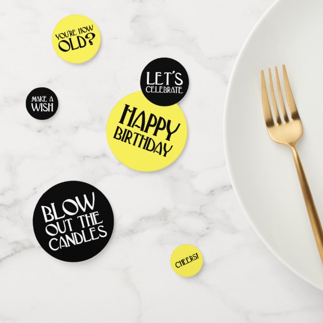 Yellow and Black Art Deco Birthday Phrases Confetti (Group)