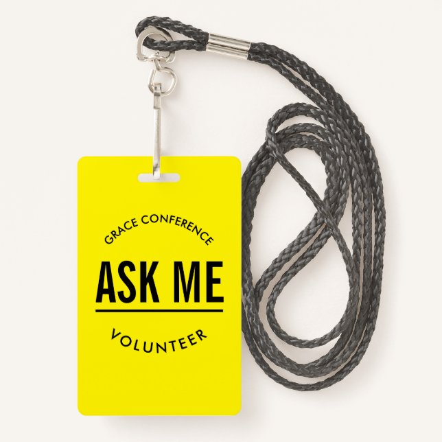 Yellow and black ask me volunteer ID badge (Front with Lanyard)