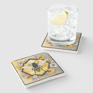 Yellow and Black Bee on Honeycombe  Stone Coaster